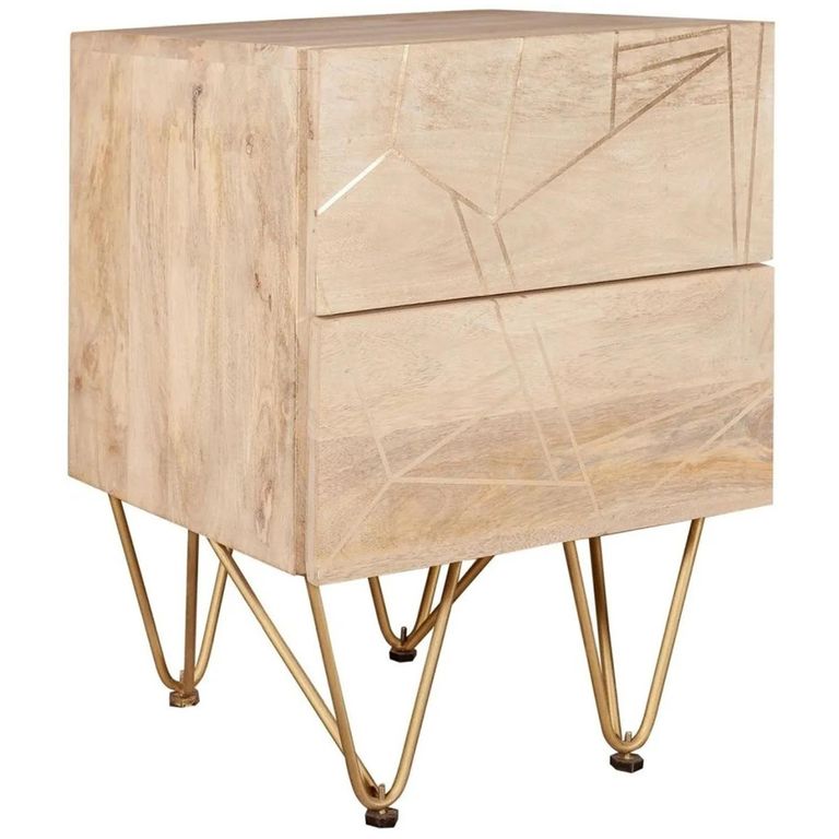Side Table - 2 Drawer - Hairpin Legs - Gold Geometric Inlay - Light Mango Wood