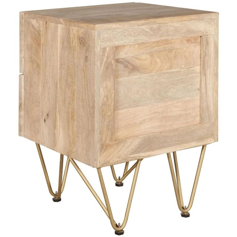 Side Table - 2 Drawer - Hairpin Legs - Gold Geometric Inlay - Light Mango Wood