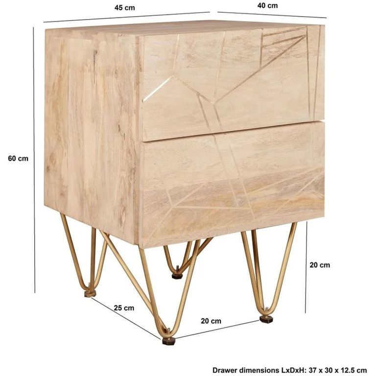 Side Table - 2 Drawer - Hairpin Legs - Gold Geometric Inlay - Light Mango Wood
