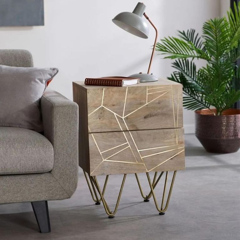 Side Table - 2 Drawer - Hairpin Legs - Gold Geometric Inlay - Light Mango Wood