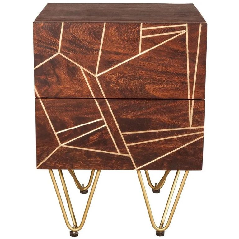 Side Table - 2 Drawer - Hairpin Legs - Gold Geometric Inlay - Dark Mango Wood
