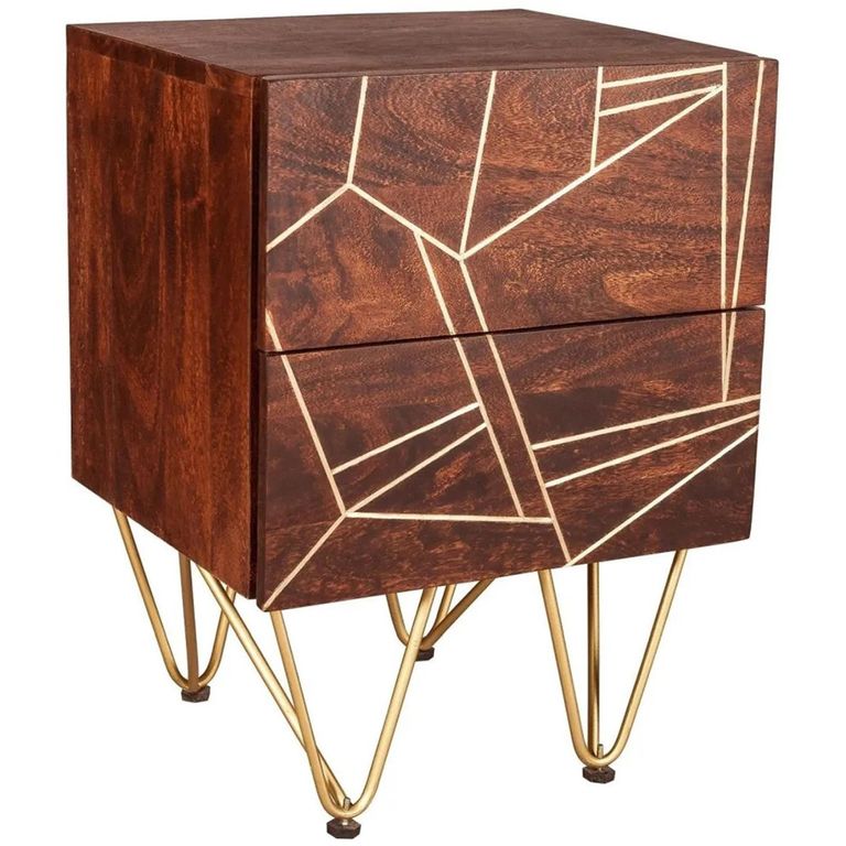 Side Table - 2 Drawer - Hairpin Legs - Gold Geometric Inlay - Dark Mango Wood