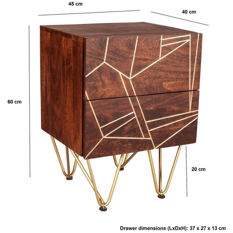 Side Table - 2 Drawer - Hairpin Legs - Gold Geometric Inlay - Dark Mango Wood