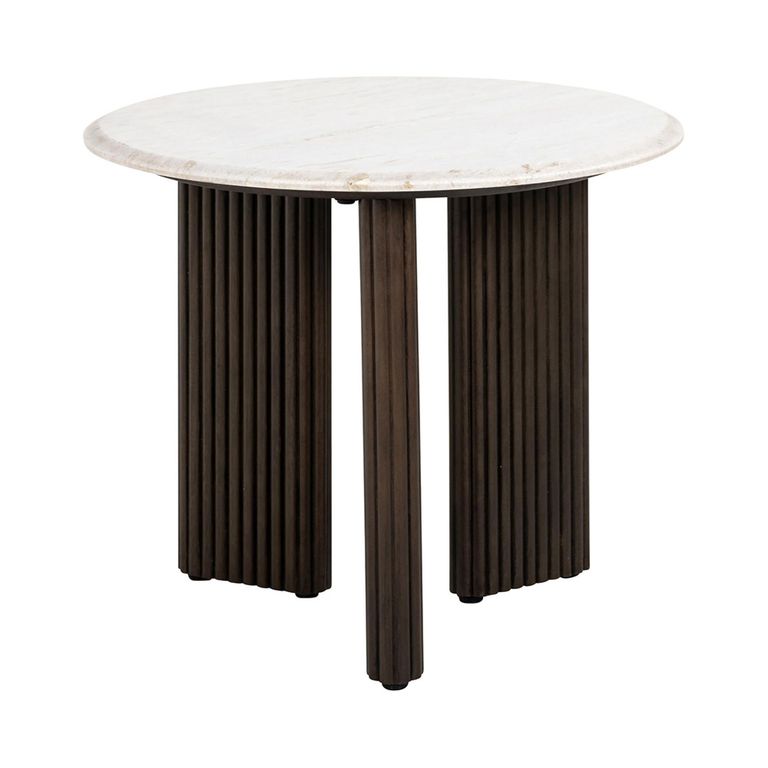 Mayfield White Marble Top Round Side Table - Dark Wood Fluted Base