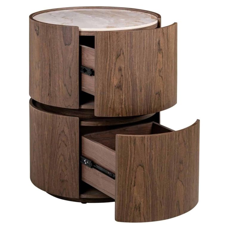 Ellery End Table - 2 Drawer - Round - Brown - Ceramic and Wood