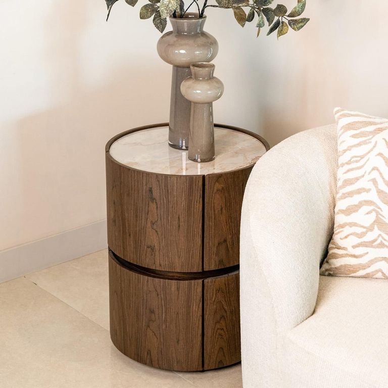 Ellery End Table - 2 Drawer - Round - Brown - Ceramic and Wood