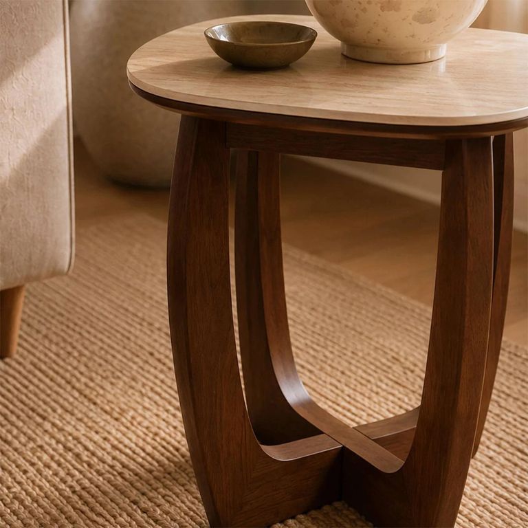Portland Side Table - Square - Natural and Walnut - Sintered Stone and Wood