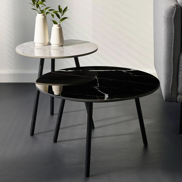 Casper Side Table - Set of 2 - Round - Grey and Black - Sintered Stone and Metal