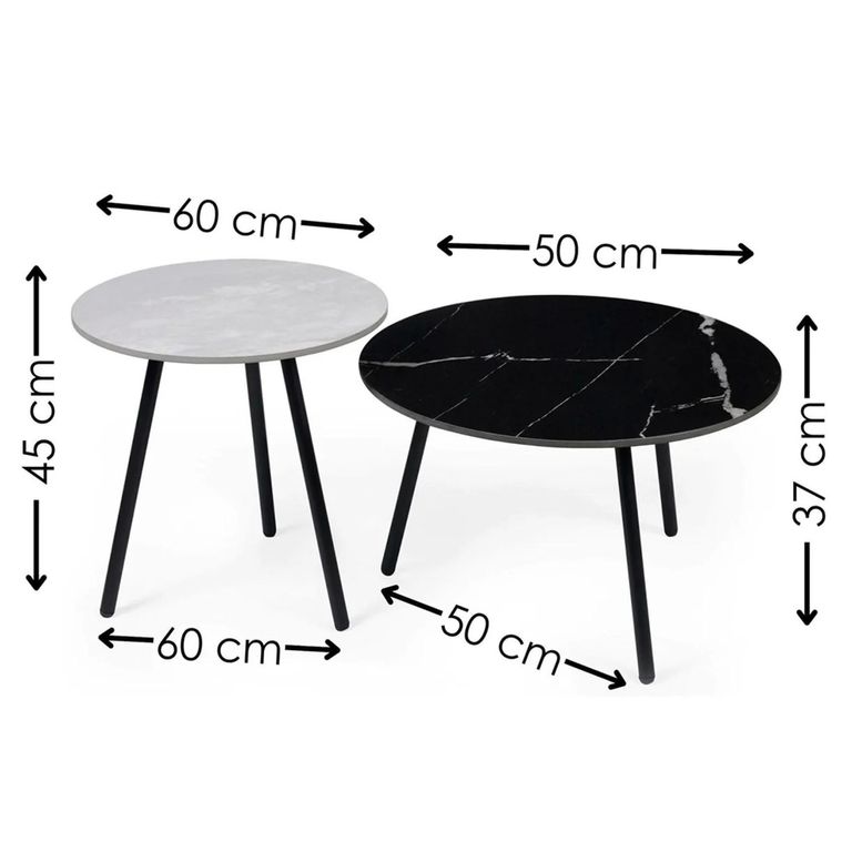 Casper Side Table - Set of 2 - Round - Grey and Black - Sintered Stone and Metal