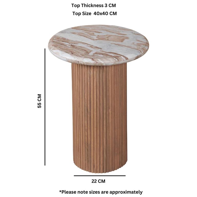 Ashford Side Table - Round - Fluted - Pale Taupe - Marble Top and Mango Wood