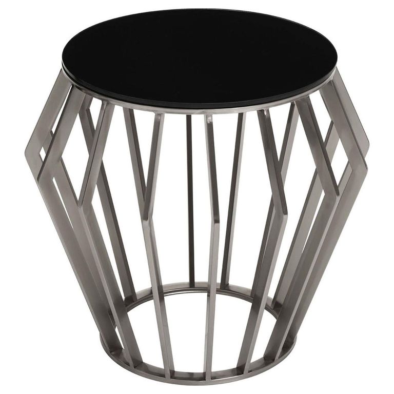 Ackley Side Table - Round - Black Glass - Silver Legs