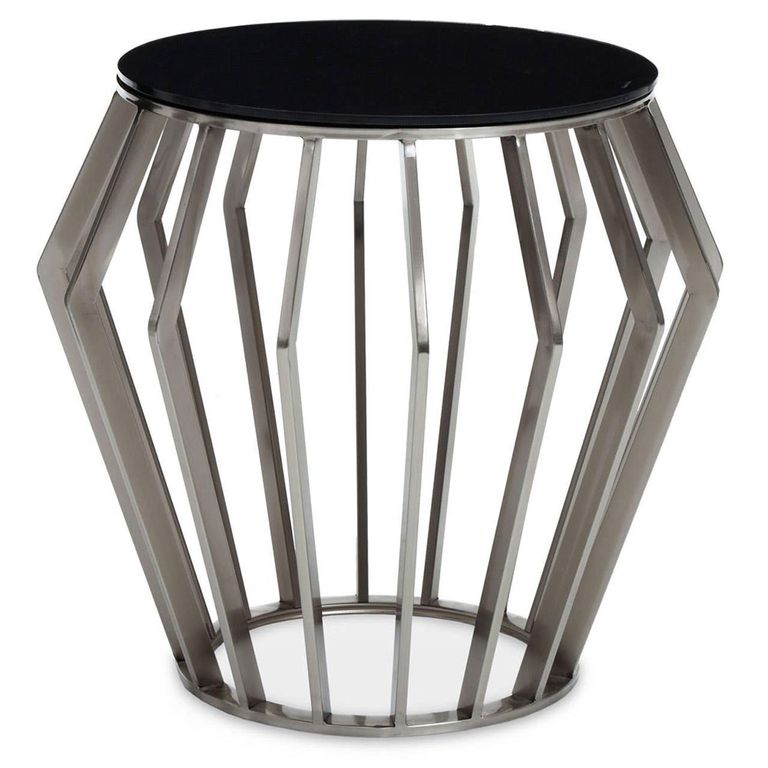 Ackley Side Table - Round - Black Glass - Silver Legs