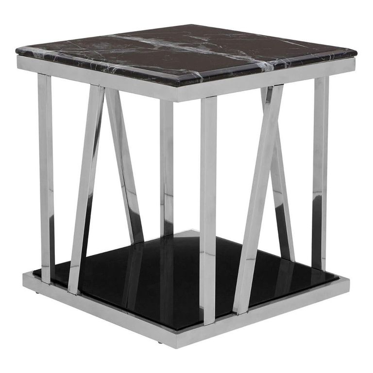 Ackley Side Table - Square - Black Glass - Silver Legs