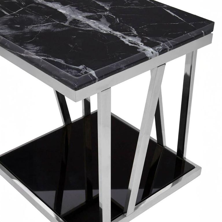 Ackley Side Table - Square - Black Glass - Silver Legs