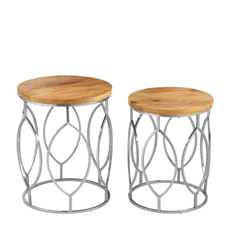 Agra Side Tables - Set of 2 - Mango Wood and Metal - Round