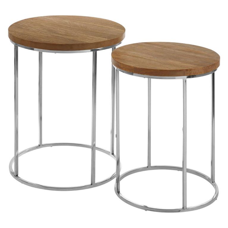 Agra Side Tables - Set of 2 - Mango Wood and Silver - Round