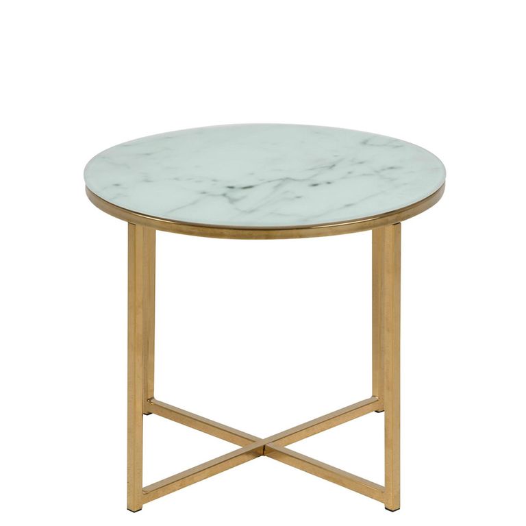 Alisma Side Table - Round - White Marble Effect and Gold - with Shelf