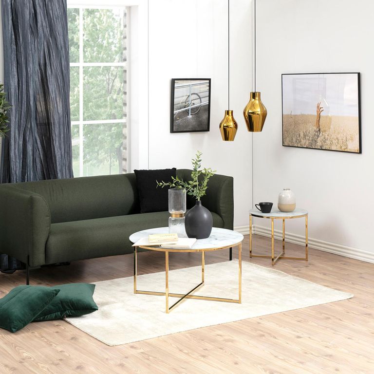 Alisma Side Table - Round - White Marble Effect and Gold - with Shelf