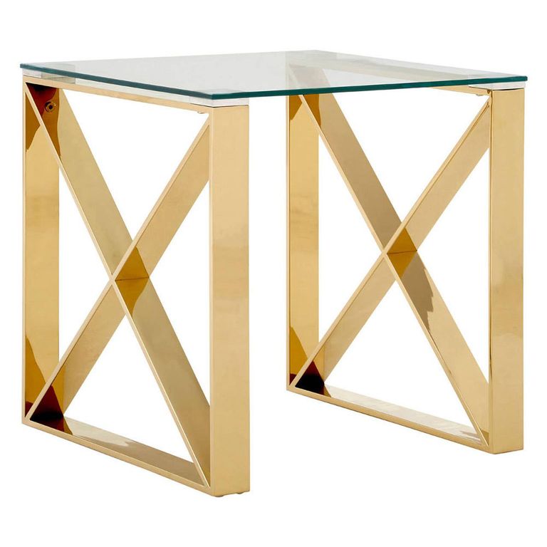 Allure End Table - Square - Clear Glass - Champagne Gold Cross Base