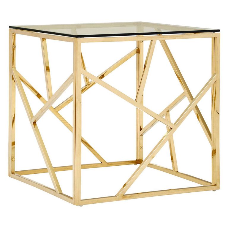 Allure End Table - Square - Clear Glass - Champagne Gold Geometric Base