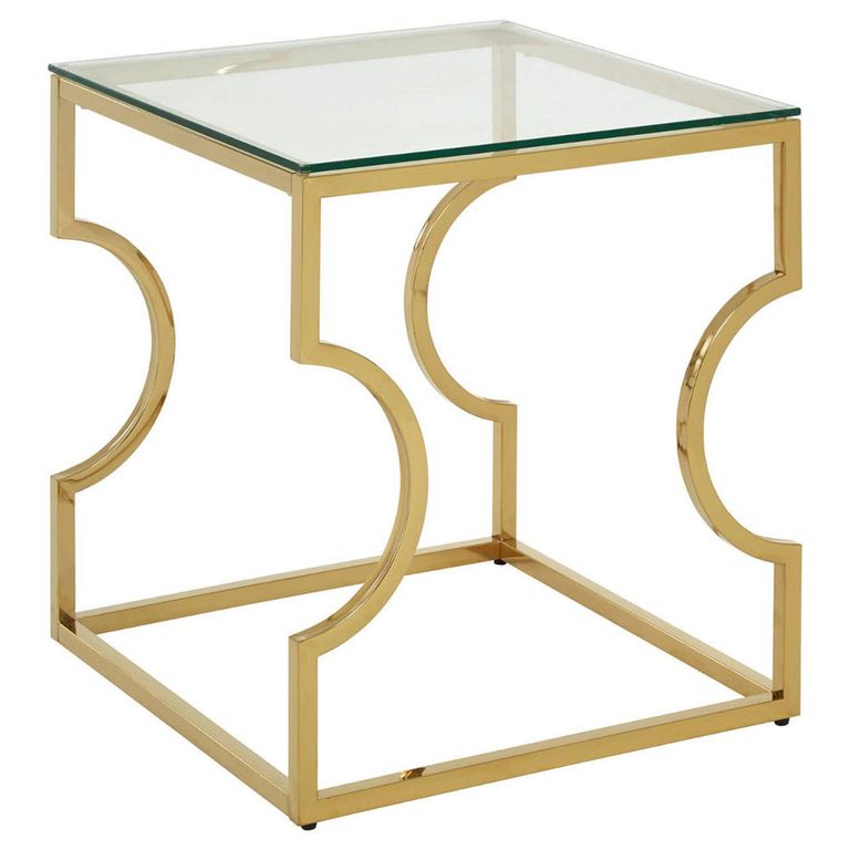 Allure End Table - Square - Clear Glass - Gold Curved Frame