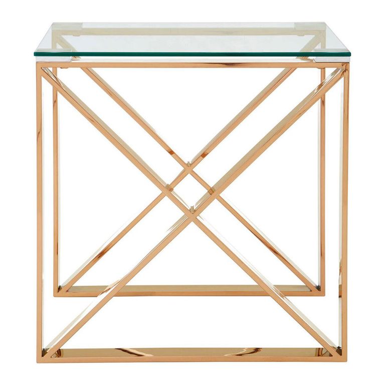 Allure End Table - Square - Clear Glass - Rose Gold Cross Base
