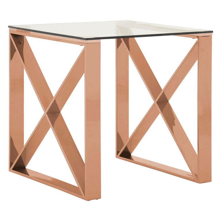 Allure End Table - Square - Clear Glass - Rose Gold Cross Base