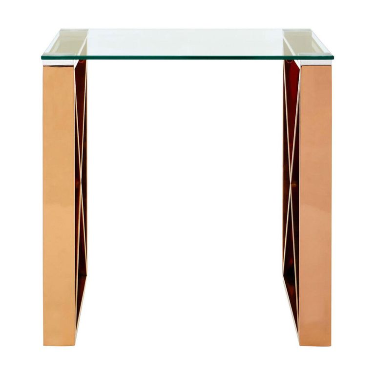 Allure End Table - Square - Clear Glass - Rose Gold Cross Base