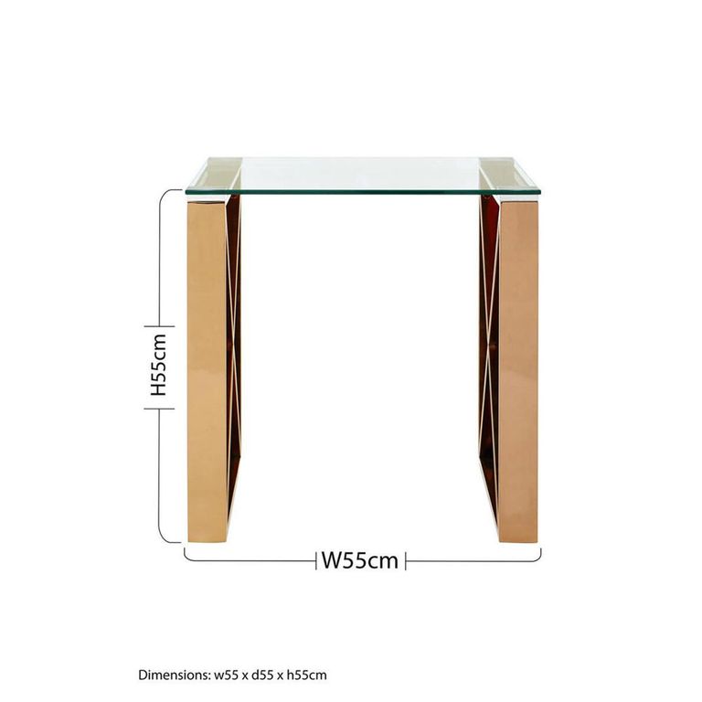 Allure End Table - Square - Clear Glass - Rose Gold Cross Base