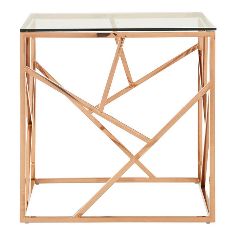 Allure End Table - Square - Clear Glass - Rose Gold Geometric Base