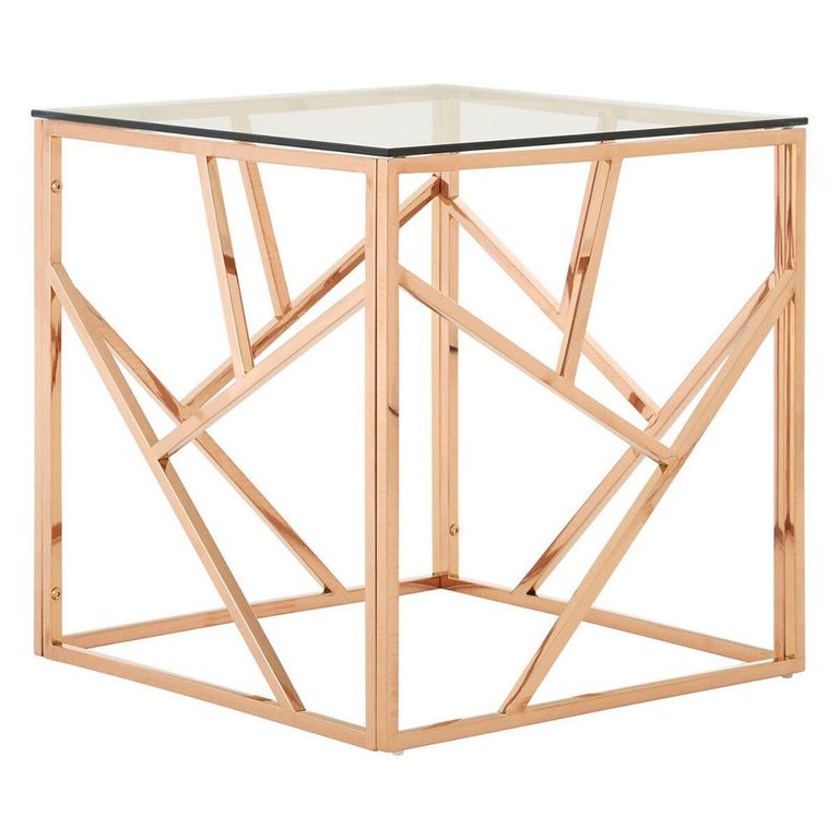 Allure End Table - Square - Clear Glass - Rose Gold Geometric Base