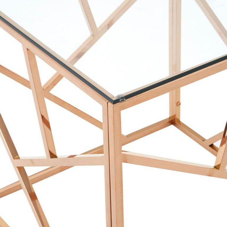 Allure End Table - Square - Clear Glass - Rose Gold Geometric Base