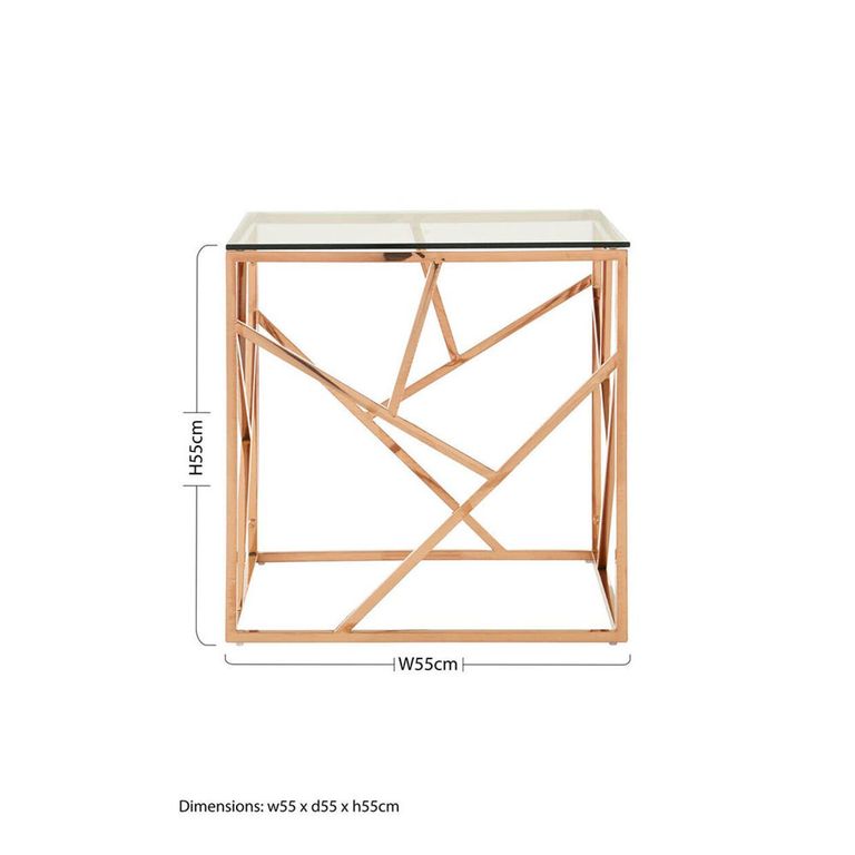 Allure End Table - Square - Clear Glass - Rose Gold Geometric Base