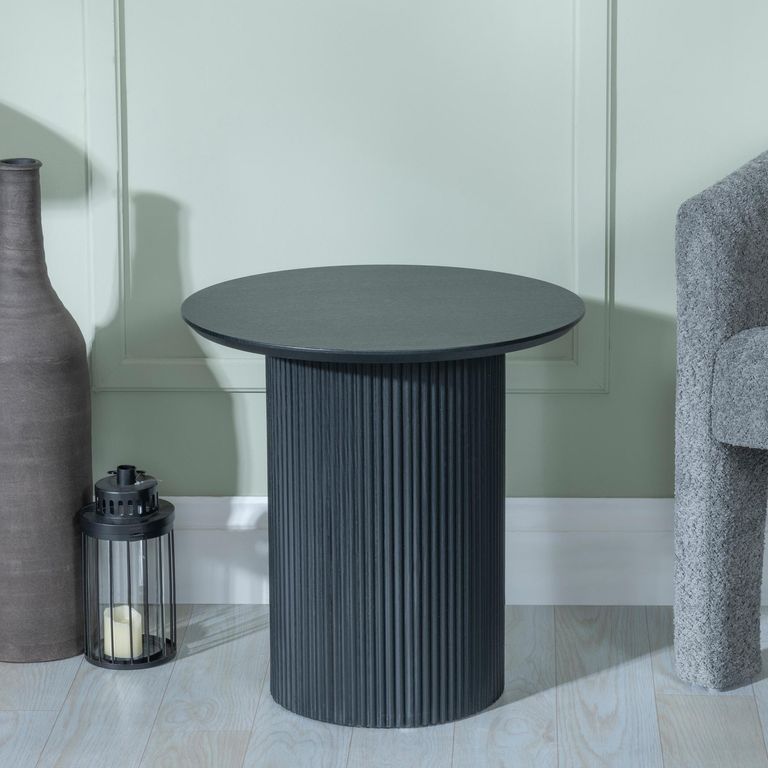Bern Fluted Black Round End Table with Drum Base