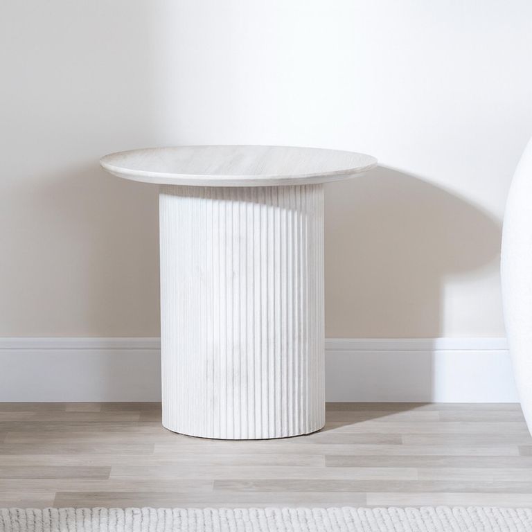 Bern Fluted White Washed Oak Effect Round End Table with Drum Base