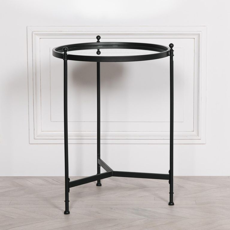 Black Metal and Antique Mirror Glass Side Table - Round
