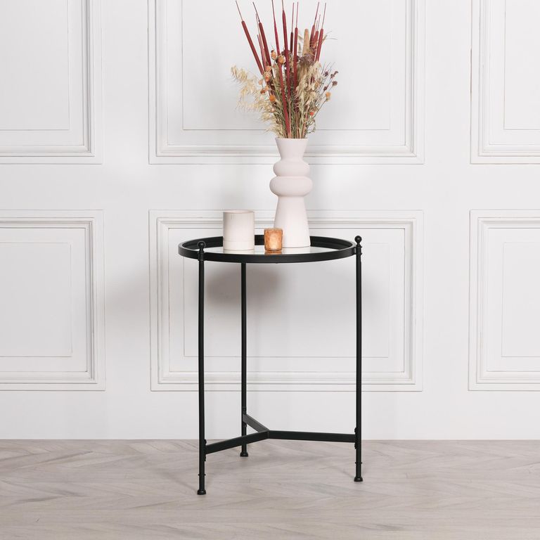 Black Metal and Antique Mirror Glass Side Table - Round