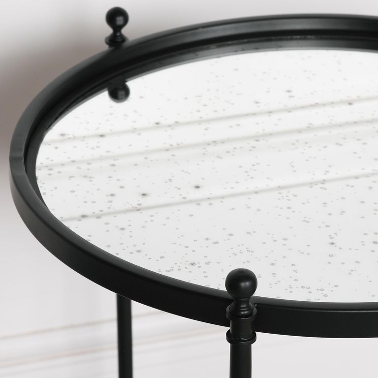 Black Metal and Antique Mirror Glass Side Table - Round