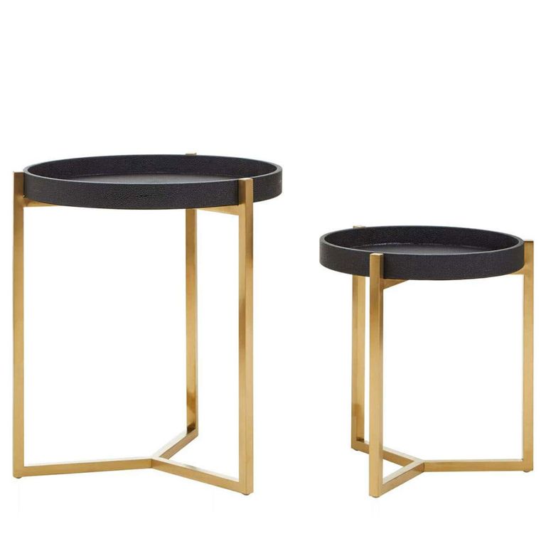 Cardoba Side Tables - Set of 2 - Black Faux Shagreen with Gold Legs - Round