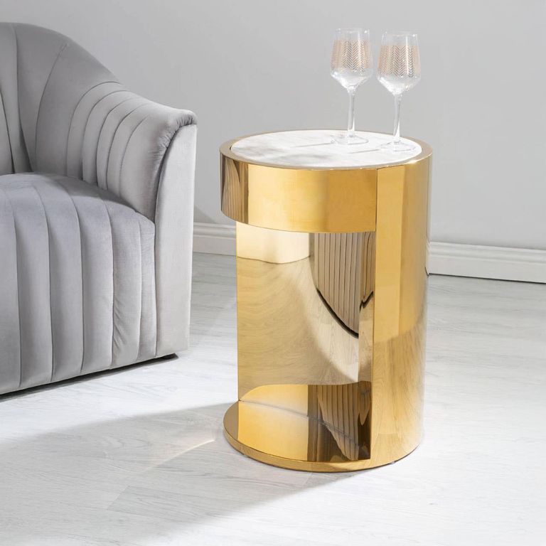 Carlox Side Table - Small - Round - White Marble Effect with Gold Metal