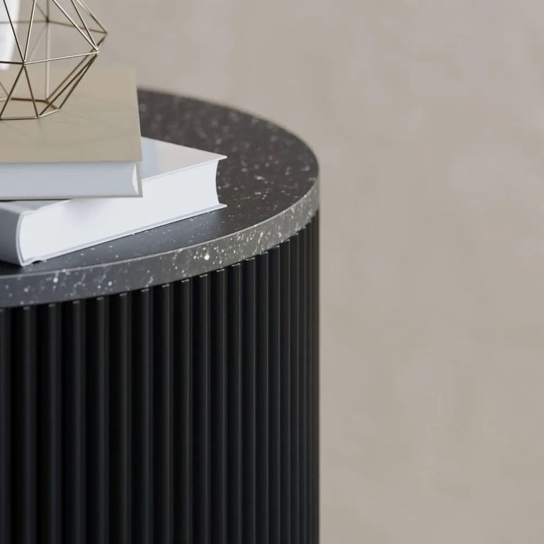 Clearance - Carra Marble Side Table Black Round Top with Fluted Ribbed Drum Base - Brand New Item