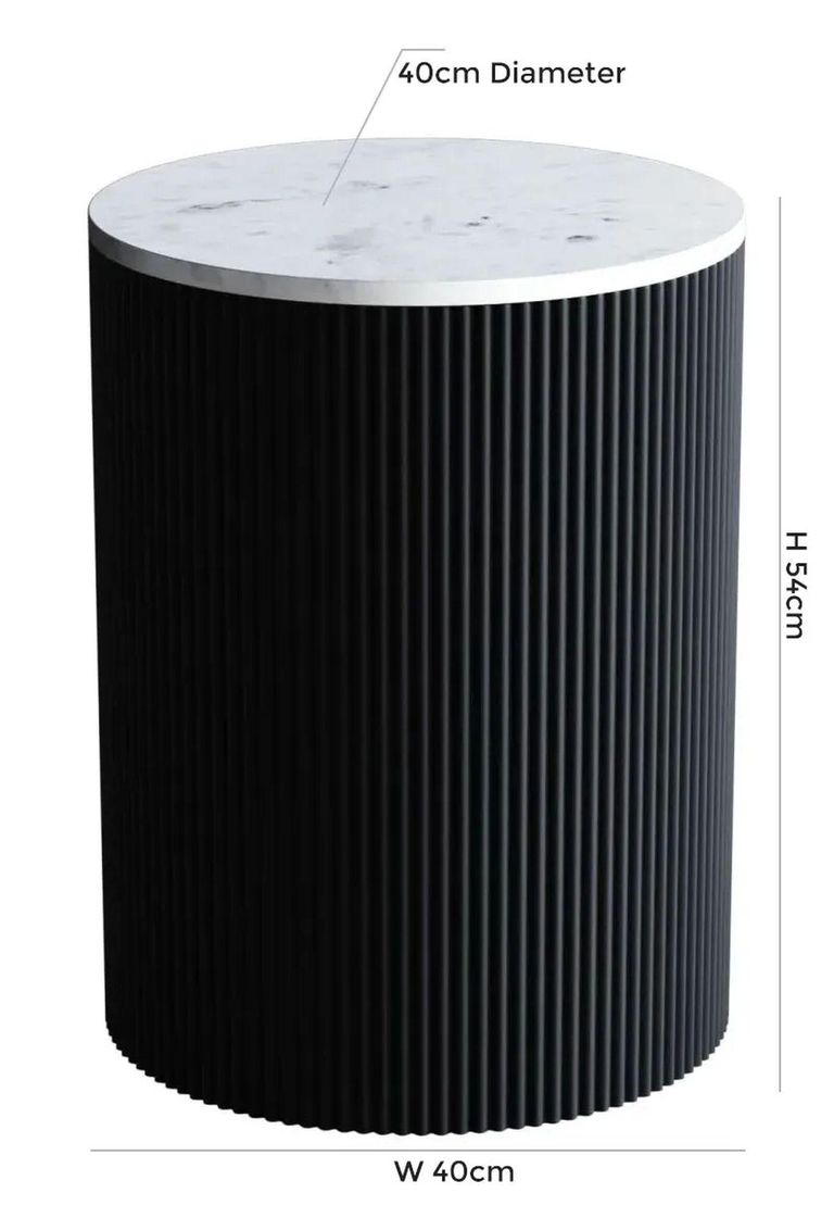 Clearance - Carra Marble Side Table White Round Top with Black Fluted Ribbed Drum Base - Brand New Item