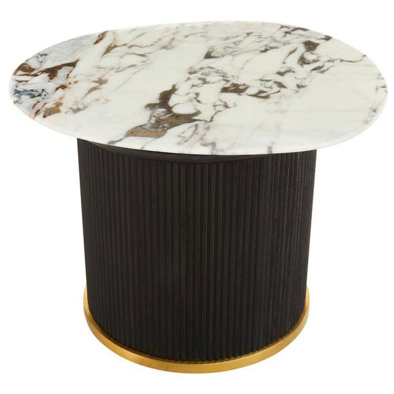Doha Side Table - White Marble Round with Black Fluted Base