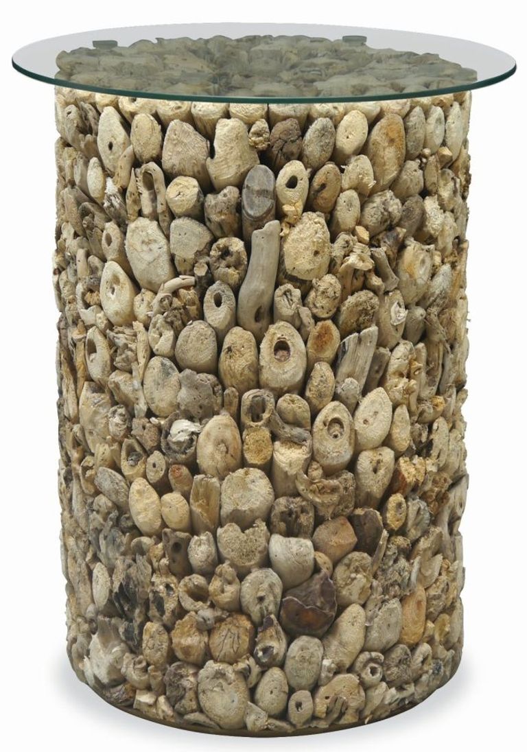 Driftwood Round Tall Lamp Table - Glass Top