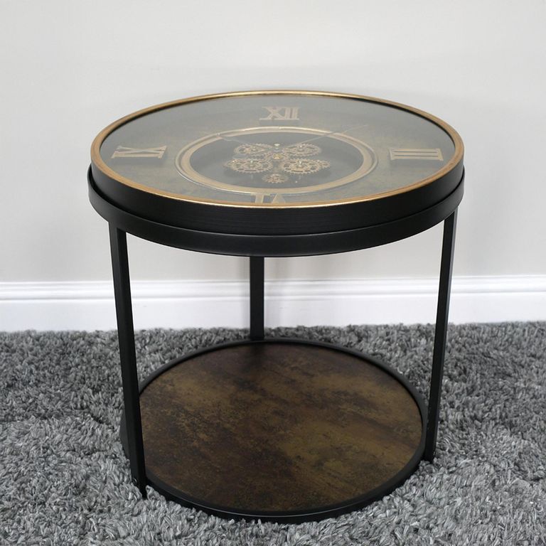 Side Table - Black Glass - Clock with Cogs - Round - Metal