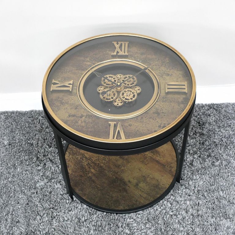 Side Table - Black Glass - Clock with Cogs - Round - Metal