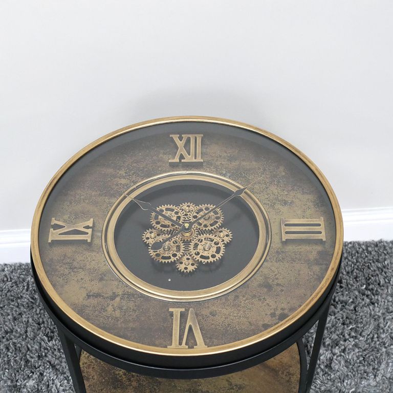 Side Table - Black Glass - Clock with Cogs - Round - Metal
