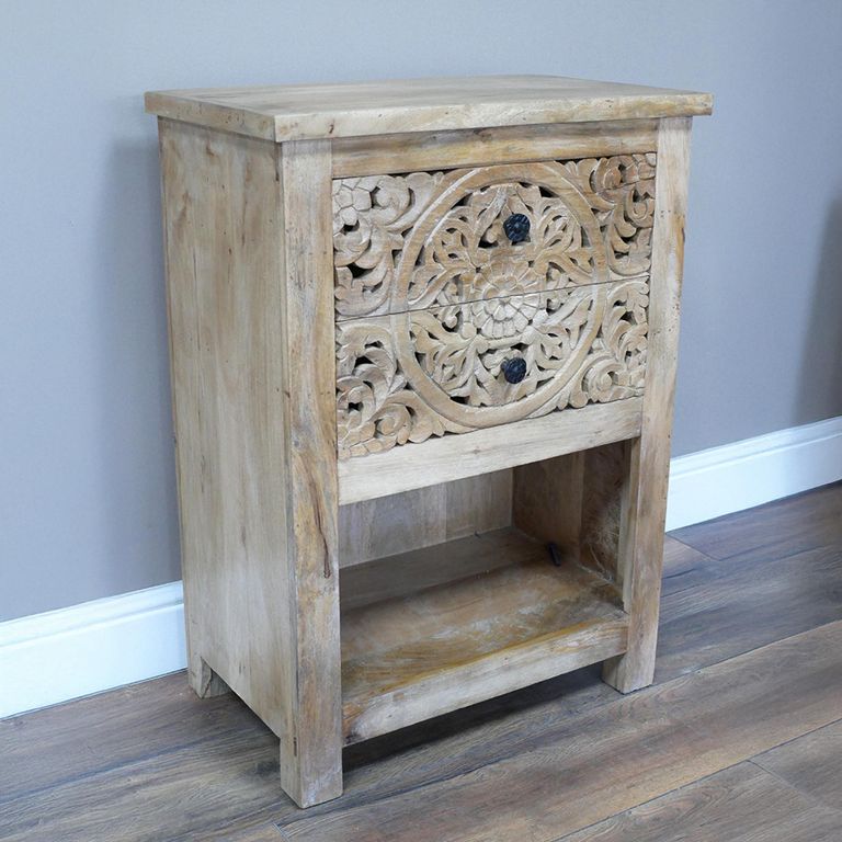 Side Table - Carved Mango Wood - 2 Drawer