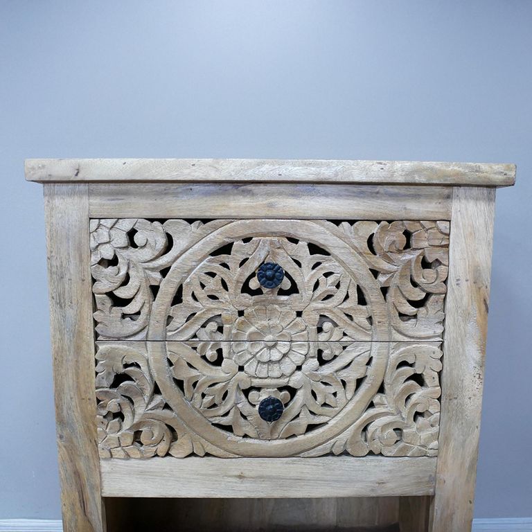 Side Table - Carved Mango Wood - 2 Drawer