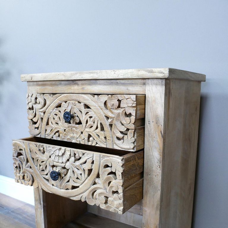 Side Table - Carved Mango Wood - 2 Drawer